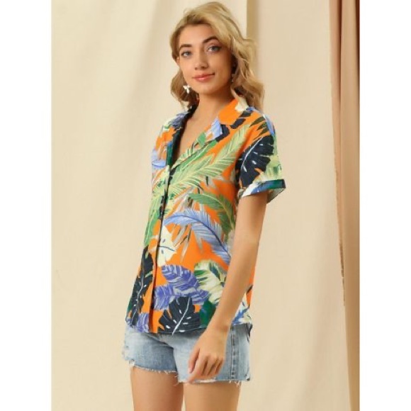 Allegra K | NWT Women’s Hawaiian Floral Leaf Print Button Down Shirt - Picture 3 of 4